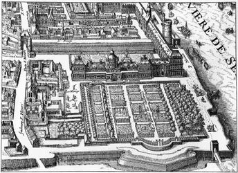 Paříž: palác a zahrada Tuileries v roce 1615, faksimile plánu Mathieu Meriana.