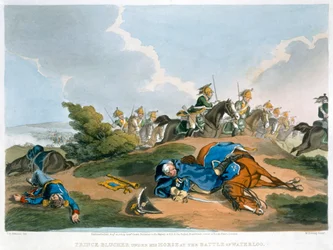 „Princ Blucher pod svým koněm v bitvě u Waterloo“, 1815