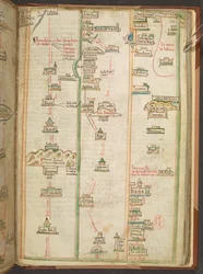 Mapa trasy mezi Londýnem a Neapolí z knihy Liber additamentorum od Matthewa Parise.