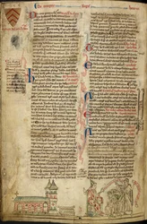 Royal 14C VII, f.138v Westminster Abbey and the Shrine of St. Edward; vpravo papež Innocent IV. na koncilu v Lyonu, ilustrace z „Historia Anglorum“