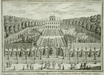 Pohled na knížecí sídlo poblíž Mnichova, z „Erlustierende Augenweide in Vorsetellung Herrliche Garten“, ryl Karl Remshard (1678-1735), vydáno kolem roku 1725 (rytina)