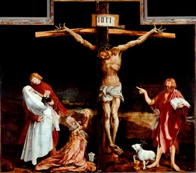 Isenheimský oltář (nebo Issenheim): ústřední panel s Ukřižováním - Nápis „INRI“ na kříži - Malba na dřevě od Mathise Neithardta Gothardta, zvaného Matthias Grünewald (asi 1480-1528), 1512-1516, rozměry 269 x 307 cm, Colmar, Musée Unterlinden