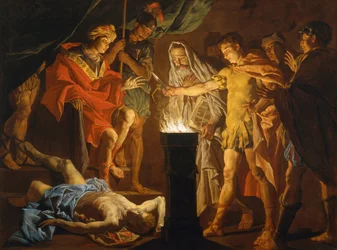 Mucius Scaevola v přítomnosti Larse Porsenny, asi 40. léta 16. století (olej na plátně)