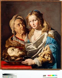 Salome s hlavou sv. Jana Křtitele na stříbrném talíři Malba Mathiase Stomera (Matthias Stom) (1600-apres 1655) Rozměr 100x90 cm Genes, Musei di Strada Nuova (ex Palazzo Bianco) Itálie