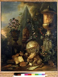 Vanitas, zátiší s vázou (Vanitas, zátiší s vázou). Obraz Matthiase Withoose (1627-1703). Olej na plátně, 83 x 67 cm. Nizozemské umění 17. století. Puškinovo muzeum výtvarných umění, Moskva.