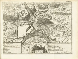 Beleg van Huy, 1705 Plán městského zámku a pevnosti Huy obležené armádami S.A.E. de Baviere & du Marechal de Villeroy le 26. května 1705 (název na objektu)