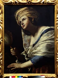 Vanite žena s turbanem a zrcadlem - obraz Mattia Pretiho (1613-1699) Florencie 17. století, galerie Uffizi