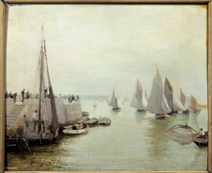 Návrat rybolovu v roce 1880. Obraz Courant Maurice (1847-1925)
