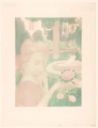 Mladá žena dostává kytici v zahradě Le bouquet matinal, les larmes... (název na objektu) Reprezentace lásky (název série) Amour (název série)