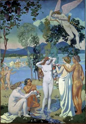 Příběh Psyché (Panel 1: Eros zasažen krásou Psyché). Obraz Maurice Denise (1870-1943)