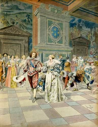 Historie Francie: George Villiers, vévoda z Buckinghamu (1592-1628) na francouzském dvoře, zasel své perly pod kroky dvořanů. Ilustrace Maurice Leloir (1853-1940) v „“ Richelieu““