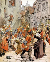 Les Dragonnades (1681-1685): rozprášení protestantské rodiny vojsky draků pověřených konvertováním protestantů. Chromotypografie v „“Le Roy Soleil““ (Louis XIV) Gustave Toutwelve, ilustrace Maurice Leloir (1853-1940)