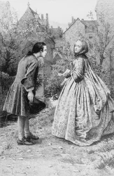 Setkání mladého Jean-Jacquese Rousseaua a budoucí blízké přítelkyně Madame de Warens, 21. března 1728 (rytina)