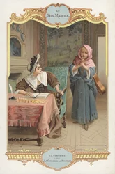 Scéna z bajky Jean de la Fontaines La Cigale et la Fourmi (Mravenec a kobylka) (chromolitho)