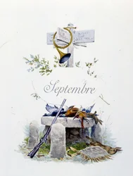 září „Song of the month“ od Jérôme Doucet, ilustrace - Maurice Leloir, ed. Remeš 1904. L. Michaud