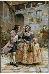 První setkání - v „Příběhu Manon Lescaut a rytíře Des Grieux“ od abbého Prévosta (1697-1763), francouzského spisovatele. Rytina podle kreseb Maurice Leloira (1885).