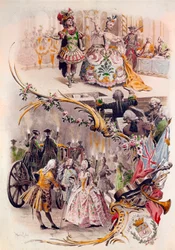 Svatební menu s ilustrací Maurice Leloira (1851-1940) plesů v kostýmech a galantes, 6.4.1900