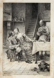 v „Historie Manon Lescaut a rytíře Des Grieux“ od abbého Prevosta (1697-1763), francouzského spisovatele. Rytina podle kreseb Maurice Leloira (1885).