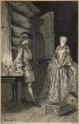 Odhalení krádeže - v díle „Histoire de Manon Lescaut et du chevalier Des Grieux“ od Abbé Prévosta (1697-1763), francouzského spisovatele. Rytina podle kreseb Maurice Leloira (1885).
