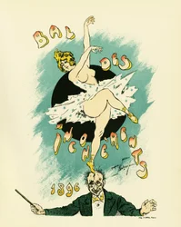 Poster for the ball of incoherents, ball organized between 1885 and 1896 in Paris as part of the artistic movement launched by Jules Levy in 1882, the incoherent arts, Illustration en lithographie by Maurice Neumont (1868-1930), showing a naked dancer on t