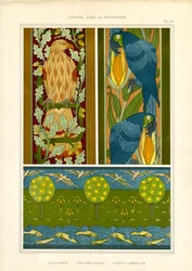 Ornamentální bordury s orlem, papoušky a krajinným vlysem (litografie)