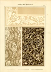 Třídílný zvířecí ornament s kohoutem, mořskými koníky a ještěrkami (litografie)