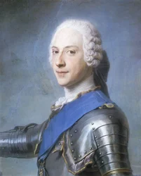 Portrét prince Charlese Edwarda Stuarta, délka přes prsa, z profilu vlevo, hlava otočená dopředu, pravá paže zvednutá,
