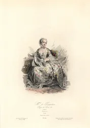 Jeanne-Antoinette Poisson, Madame de Pompadour (1721-1764) byla hlavní milenkou krále Ludvíka XV. Ručně kolorovaná ocelorytina od Polidora Pauqueta podle Maurice Quentina de La Tour (1748-55) z knihy bratří Pauquetů "Modes et Costumes Historique" (Historic