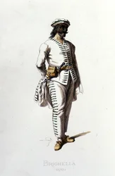 Postava Brighella v roce 1570. Maurice Sand „“Masky a šašci““ Paříž 19. století. (Maurice Sand byl syn George Sandové).