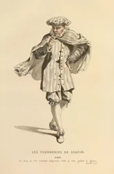 Kostým pro roli Scapina, asi 1868 (rytina)