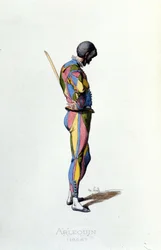 Harlekýn v roce 1858. Maurice Sand „“Masky a šašci““ Paříž 19. století. (Maurice Sand byl synem George Sanda)