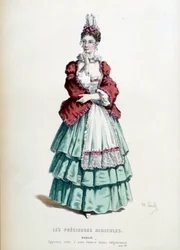 Kostým Madelon v díle „Les precieuses vysmívající se“ od Jeana Baptista Poquelina dit Moliere, ilustrovaný Mauricem Sandem (1823-1889). 1868. Paříž, francouzská komedie