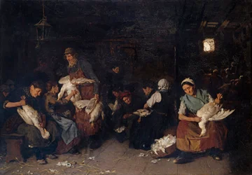 "Paysannes plumant des oies"" (Ženy škubající husy) Malba Maxe Liebermanna (1847-1935) Olej na plátně 1872 Rozměr 119,5x170 cm Státní muzea, Berlín