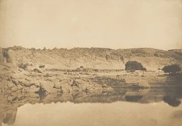 Pohled na sever Philae - vesnice Kounoço, 1849-50.