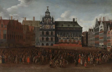 Vyhlášení münsterského míru na náměstí Grote Markt v Antverpách