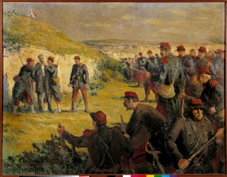 Pařížská komuna: „“ Smrt Eugena Varlina (1839-1871) zastřelená Versailles dne 28. 5. 1871“ Obraz Maxmiliána Luce (1858-1941) Paříž 19. století. Pracovníci odborové komory umění