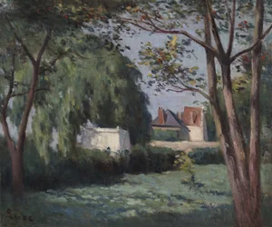 Venkovská scéna se třemi domy a stromy, kolem roku 1900