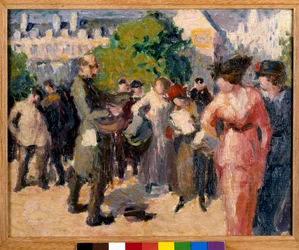 Scéna na ulici. Žebrák hrající na zahradě v Paříži s houkačkou. Maximilien Luce (1858-1941). Olej na plátně. Soukromá sbírka