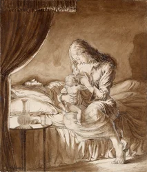 Noční scéna-žena krmící své dítě, c1900