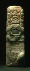 Soška umístěná ve věnování na Hieroglyfickém schodišti, Copan, pozdní klasické období (600-900) (nefrit)