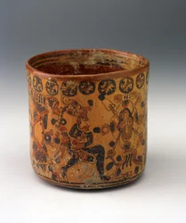 Válcová váza, c.650-850 (keramika s červenou a černou na oranžovém skluzu)