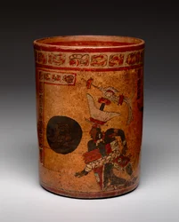 Válcová nádoba se scénou míčové hry, období pozdní klasiky, c.682-701 (keramika)