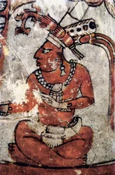 Mayský válečník. Polychromovaná keramika, mayské umění, 7. století. Národní muzeum archeologie a etnologie v Tikalu (Guatemala).