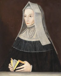 Portrét lady Margaret Beaufortové (1441-1509), polodlouhé, v černém hábitu a bílém hábitu, v rukou modlitební knížku (olej na desce)