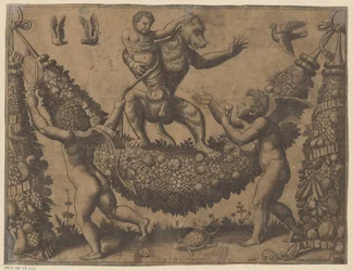 Putti zesměšňuje opici Tapiserie papeže (název série) Tapezzerie de Papa (název série)