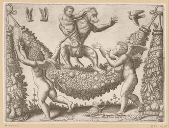 Putti zesměšňuje opici Tapiserie papeže (název série) Tapezzerie de Papa (název série na objektu)