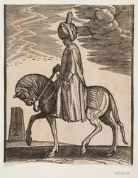 Neozbrojený jezdec v turbanu, profil vlevo; před koněm, obelisk v troskách