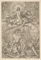 Vzkříšení Krista, obklopené aureolou a mraky s liniemi okřídlených putti do..., 1577.