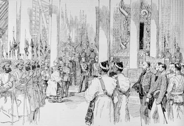 Lord Dufferin Holding Levee ve Velkém trůnním sále paláce v Mandalay, z „The Illustrated London News“, 4. března 1886