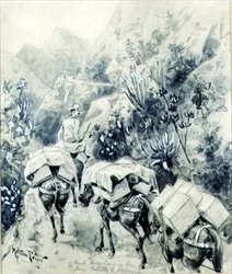 Trekking, Mule Merchandise Train z Cabello do Valencie (akvarel na papíře)